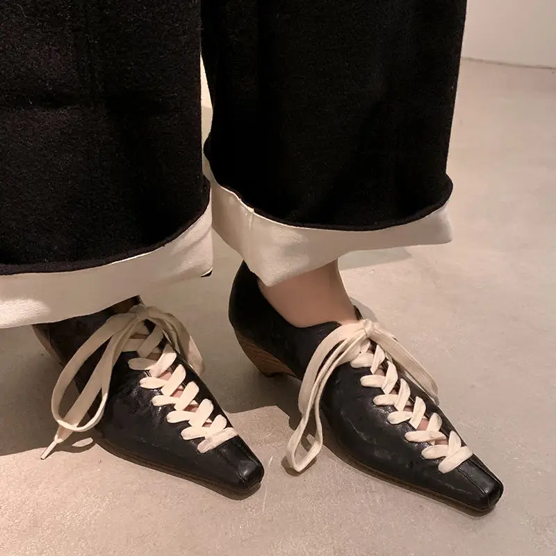 

Black Leather Shallow Women Pumps Cross Tied Formal Dress Business Work Shoes Beige Prom Party Chaussure Femmes Design Zapatos