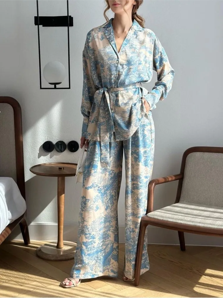 

Fashion Print Two Piece Set Women Long Sleeve Lace-up Shirt And High-waisted Wide-leg Pants Suit 2025 Elegant Women's Sets