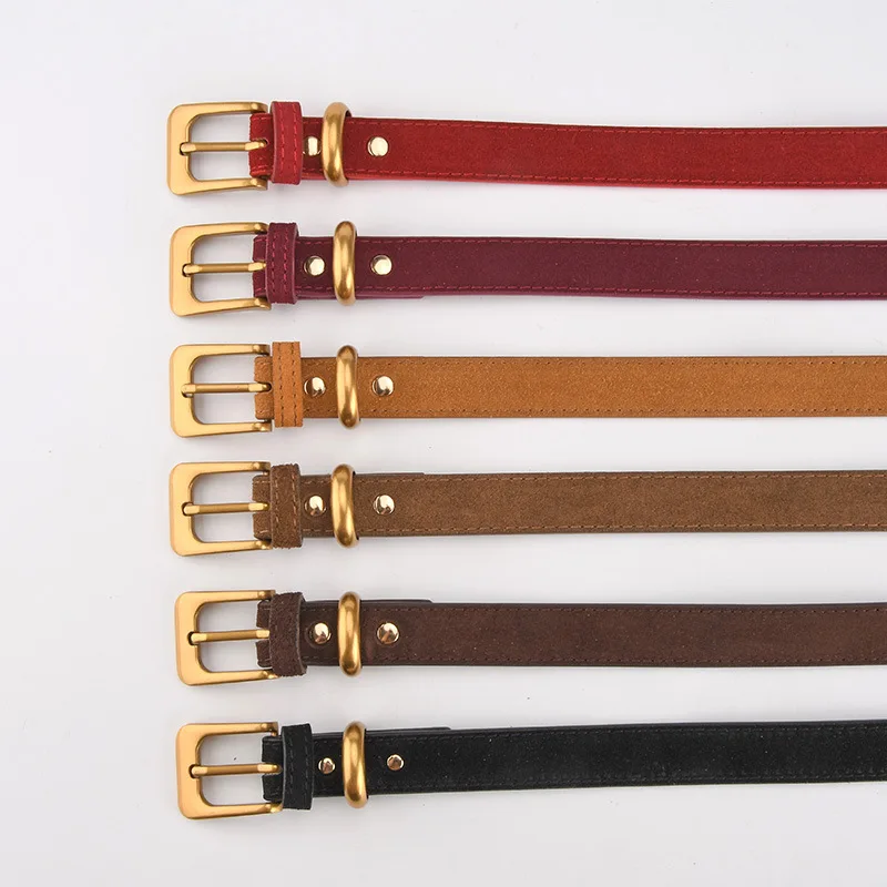 Retro luxury caramel color belt versatile jeans accessories goth women's girdle suede cowhide gold alloy pin buckle waistband