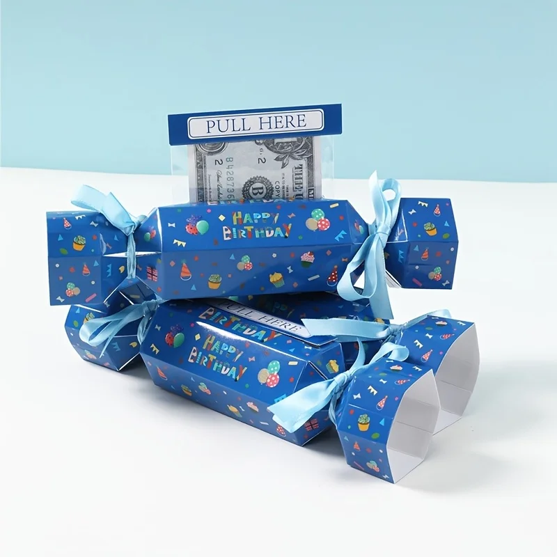 Gift for Her/Him 4pcs 4pcs Blue Birthday Candy & Money Box Suitable for Cash Gifts,Surprise Gift Box with Color Ribbon Pull Tabs
