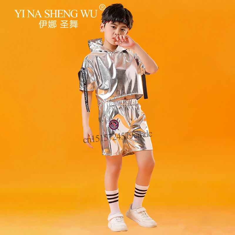 Children's Hip Hop Jazz Dance Silver Jacket Shorts Set Boys and Girls Hip-hop Trend Cool Street Dance Performance Costume