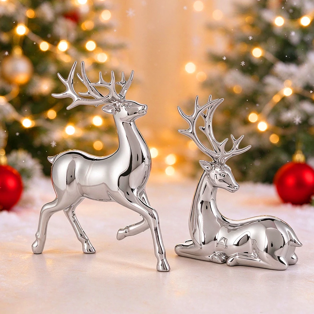 Christmas Reindeer Decor 2 Pcs - Adorable Resin Deer Figurines for Holiday Home Decor, Standing Sitting Statue Gift Christmas