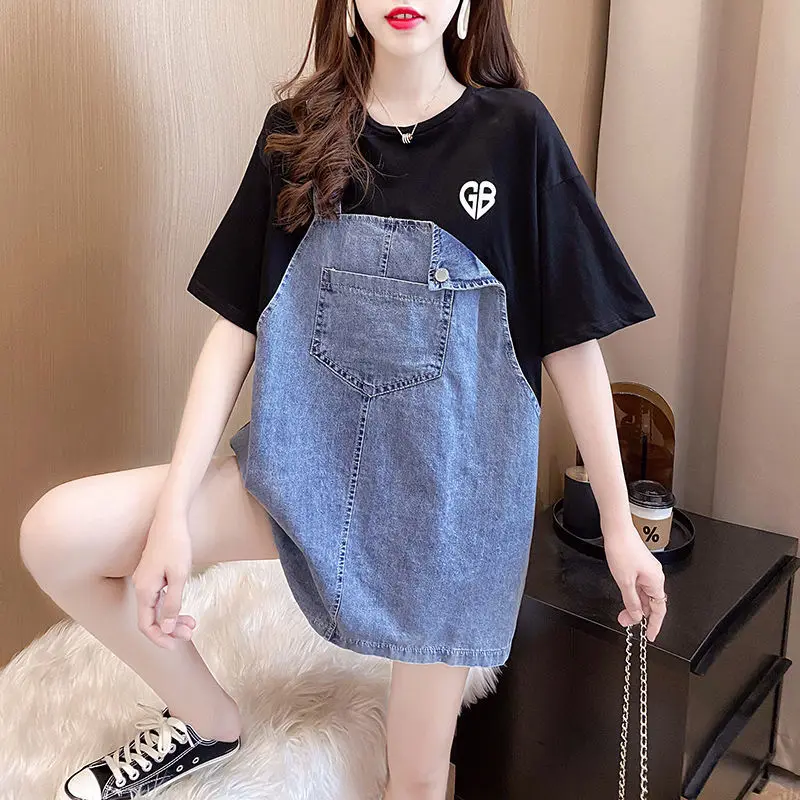 

Fashion Printed Spliced Denim Fake Two Pieces T-Shirts Female Clothing 2025 Summer New All-match Tops Loose Casual Tee Shirt