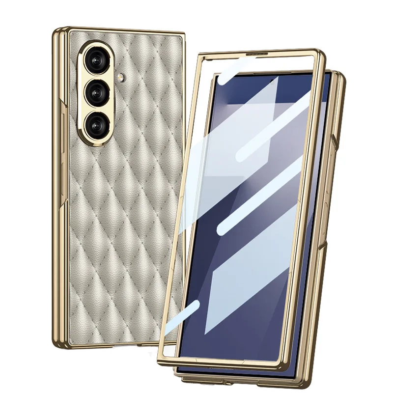 

For Samsung Galaxy Z Fold 7 Case Screen Protector Embossed Grid Diamond Pattern Vegan Leather Ford7 Cover for Girls