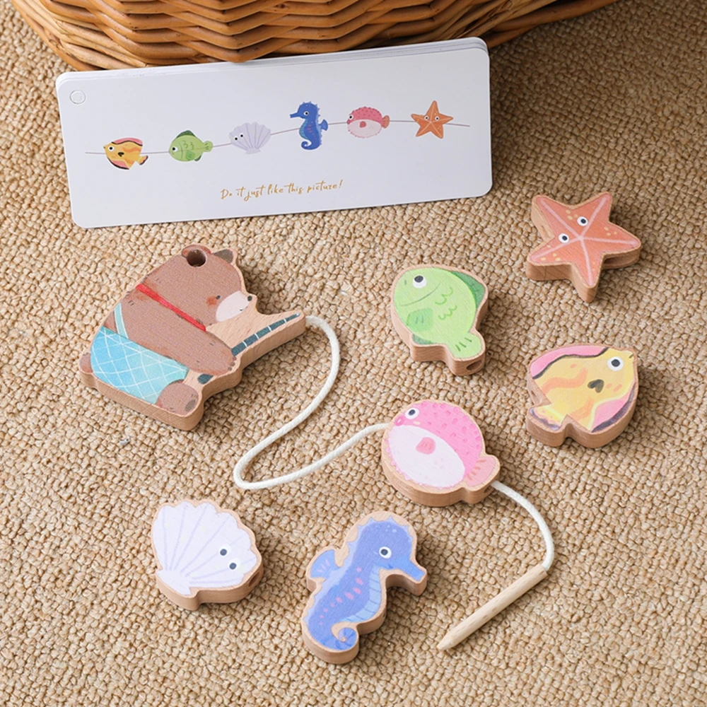 Baby Wooden Threading Toy Montessori Educational Toy for Kids Cartoon Bear Fishing Theme Threading Toy Fine Motor Skills Toys