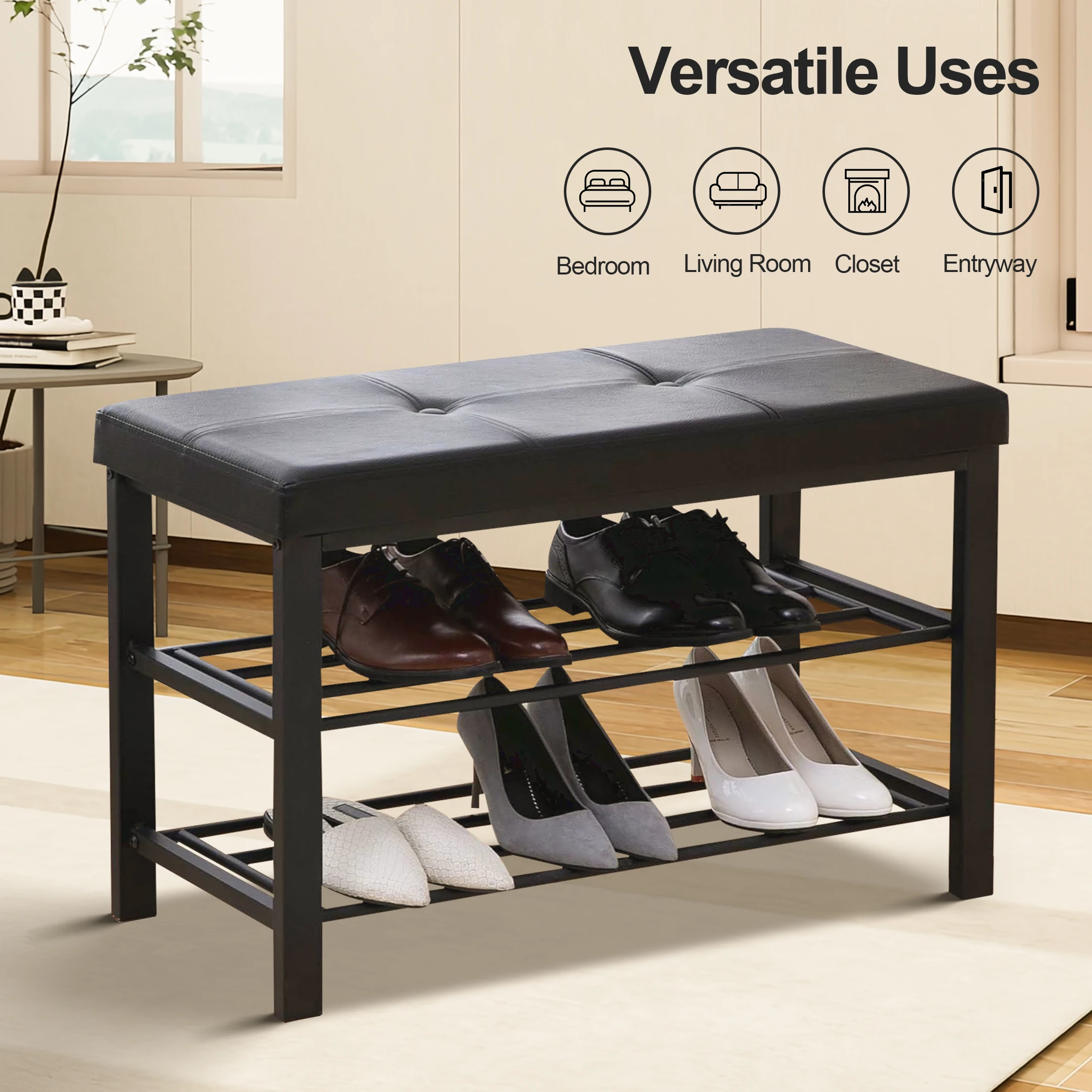 

3-уровневая стойка для обуви, скамейка с подкладкой, металлический каркас, органайзер для хранения, легкая сборка для гостиной, спальни и прихожей