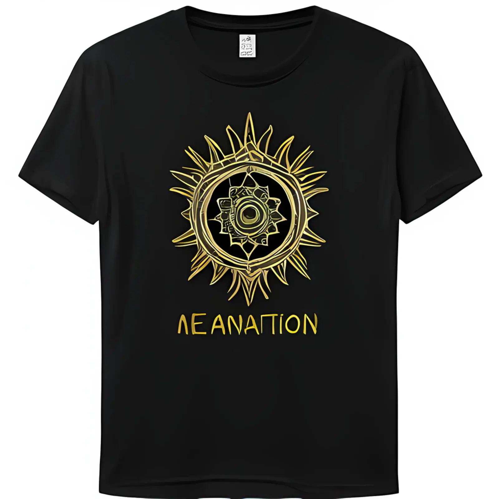 Golden LetTeered Sun Design Black T-Shirt Mystical Symbol of Unity