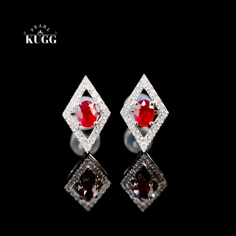 

KUGG 100% 18K White Gold Earrings Women Fashion OL Style Shiny Diamond Natural Ruby Stud Earrings High Gemstone Jewelry