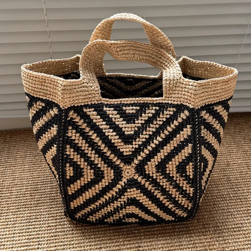 

New Handmade Woven Women's Bag Black Striped Handbag Fashionable Retro Grass Woven Tote Bag