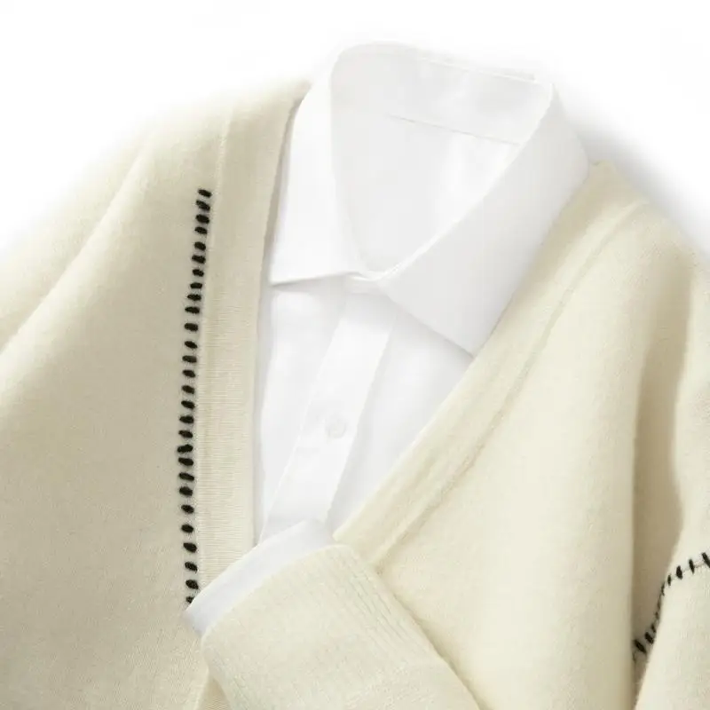 100% سترة من الصوف الخالص الخامس الرقبة زر أسفل سترة الأعمال عادية الخريف والشتاء سترة صوف سميكة محبوك قاع قميص #2