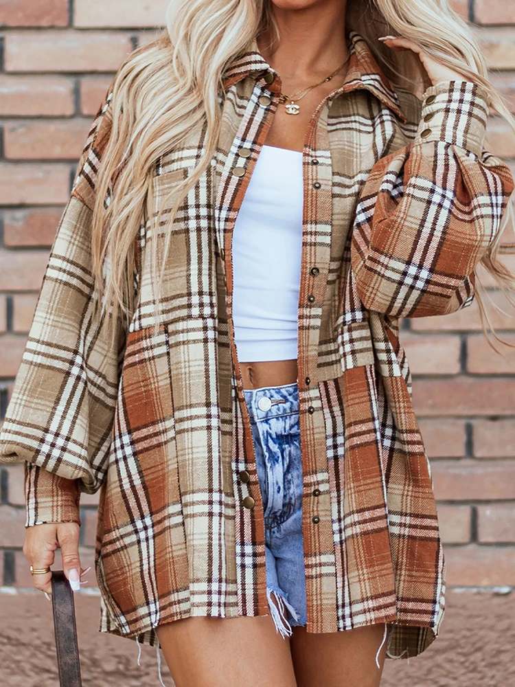 

Autumn 2025 Women's Casual Plaid Patchwork irt Sle Outerwear Loose Long Single Buttoned Polyester Long Sve Blouse