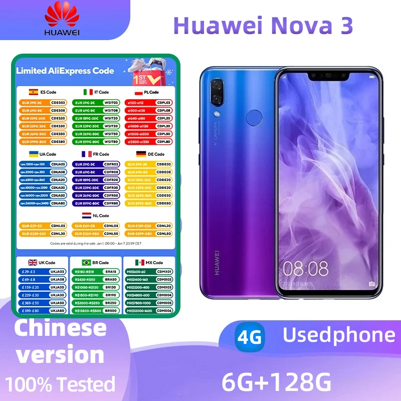 HUAWEI Nova3 4g Unlocked 6.3 Inch Scrren CPU Kirin 970 Unlocked  ROM 128GB  All Colours in Good Condition  Android Used Phone