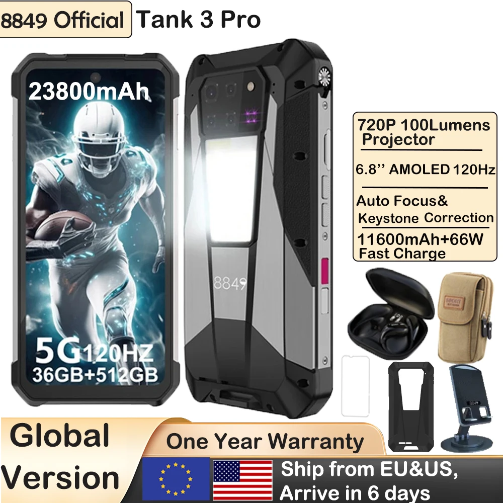 8849 Tank 3 Pro by Unihertz Rugged Projector Smartphone Android 32/36GB RAM 512GB ROM 5G 120W Charger 23800mAh OTG Mobile Phone