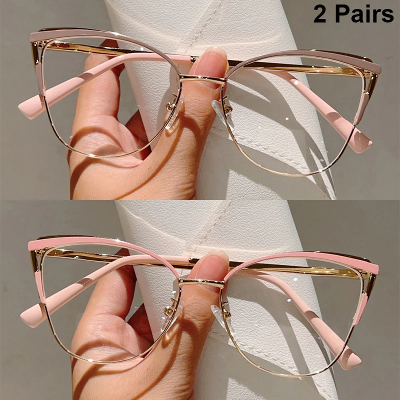 2 Pairs Oversized Cat Eye Glasses Women Chic Butterfly Shaped Blue Light Blocking Optical Frames Trendy Hollowed Rim Eyeglasses