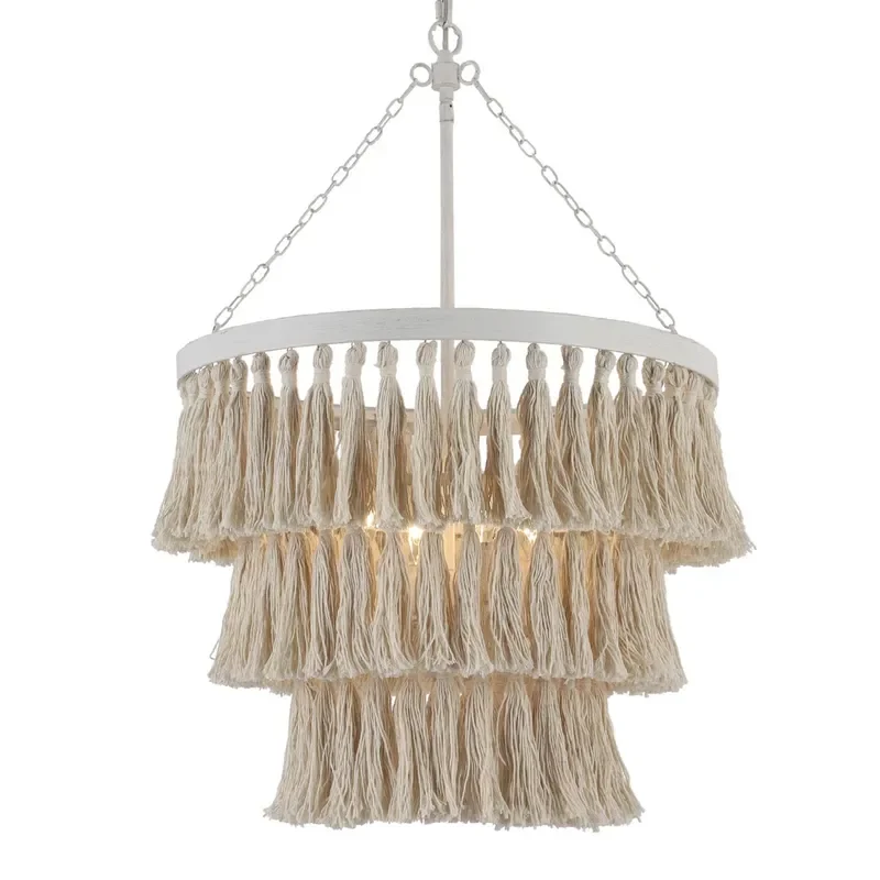 Boho 3 Tier Fringe Chandelier Handwoven Cotton Shade Nordic Pendant Light for Bedroom Dining Room B&B Decor