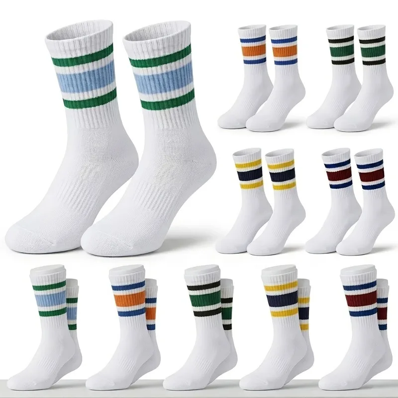 10 Pairs Fashion Trendy Sport Style Striped Long Socks, Multicolor Lively Striped Athletic Socks