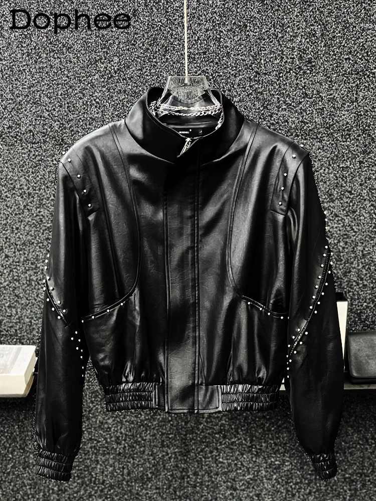 

High-End Fashion Coats Metal Rivet Faux Leather Jackets Men 2025 Autumn Winter New Stand Collar Splicing PU Leather Jacket Tops