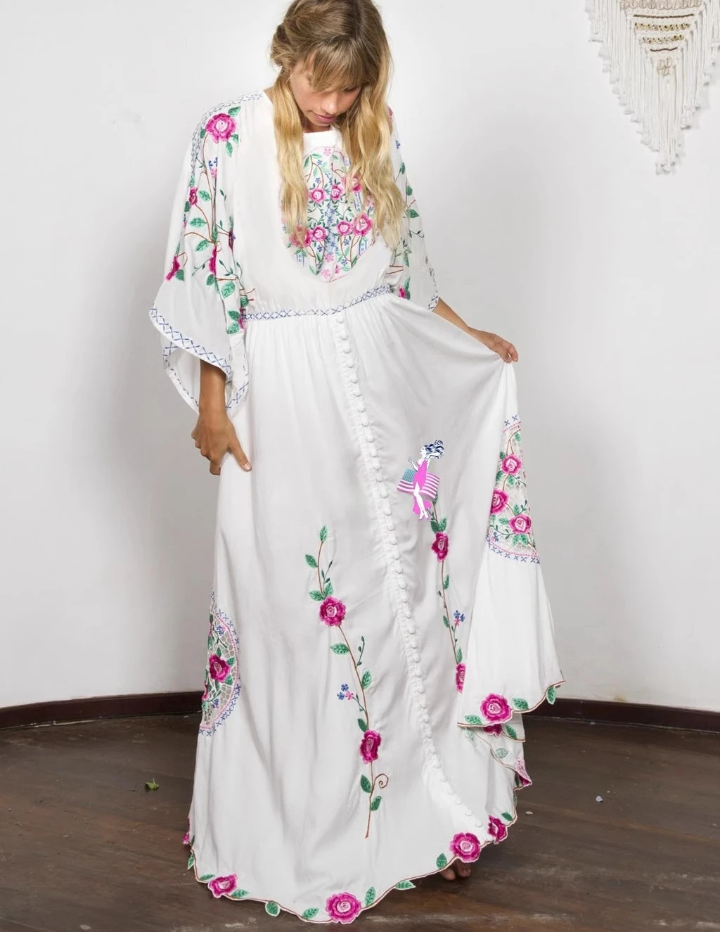 Elastic Waist Both Sides Wearable Maxi Dresses Women Boho Beach Cotton Floral Embroidery Robe Vintage Backless Dress Vestidos