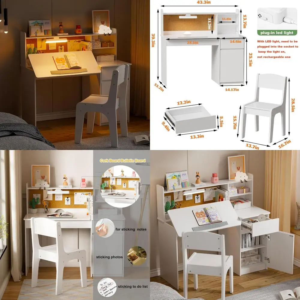 

Kids Desk and Chair Set,Kids Study Desk with 3-Color Lights(Not Rechargeable),Tiltable Desktop,Multi Functional Table for Kids