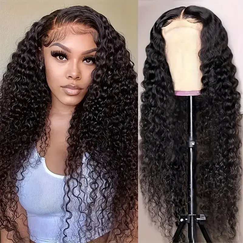 13x6 Lace Front  Deep Wave 38 Inch Glueless Natural Black 5x5 150% Curly Frontal Full Wig For Women Human Hair Wigs