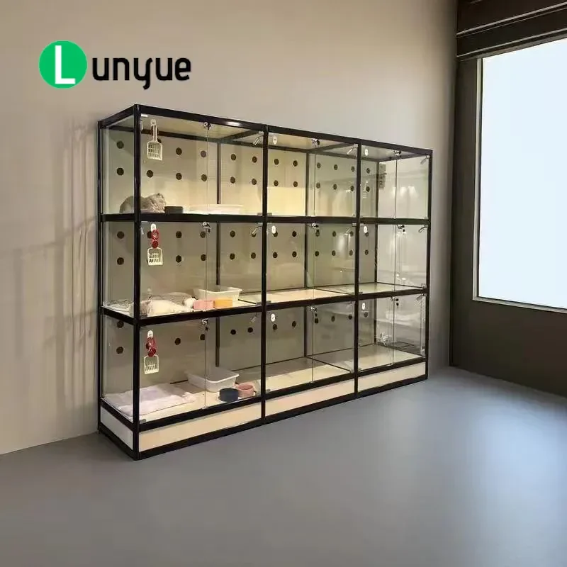 E0 Eco Friendly Glass Cat House Display Cabinet 3 Layer Transparent Pet Foster Enclosure for Pet Store Showroom Durable Safe
