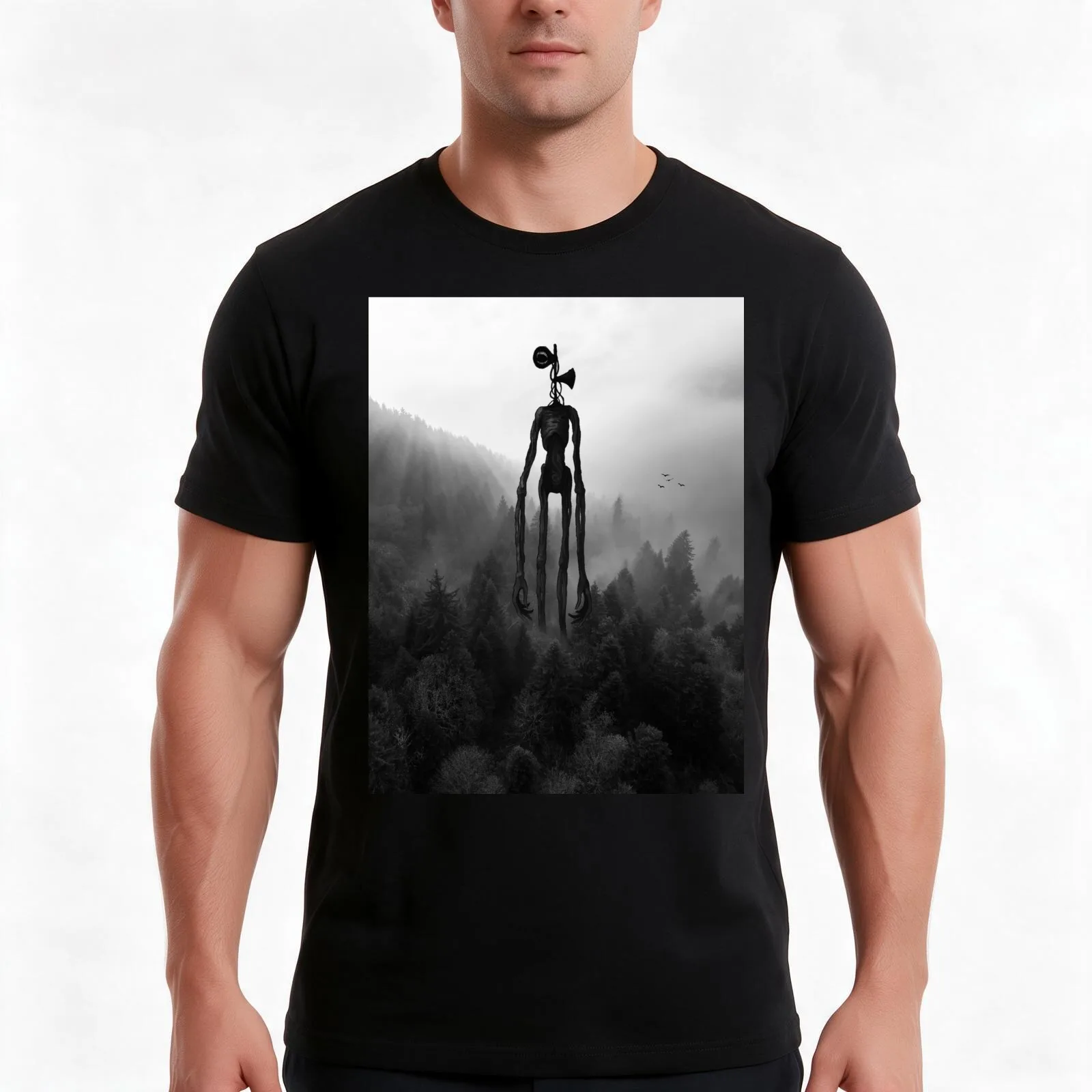 Siren head in pine forest mountain black backpack T-Shirt, Summer Casual Cotton Tee, Oversized Streetwear Tops, Unisex Men Women