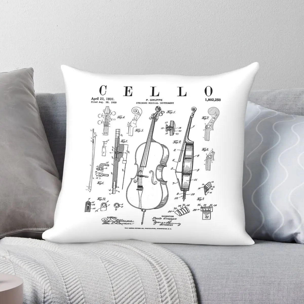 Cello Vintage Patent Cellist Square Pillowcase Polyester Linen Velvet Pattern Zip Decorative Pillow Case Home Cushion Case 45x45
