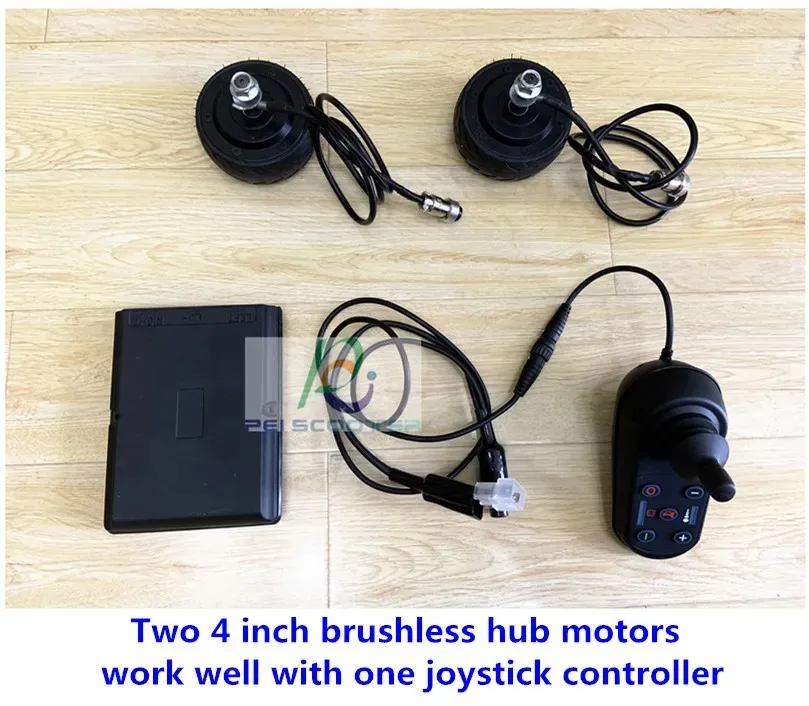 4 inch brushless hub motors work well with one 24v brushless joystck controller,one controller drive 2 motors phub-46w