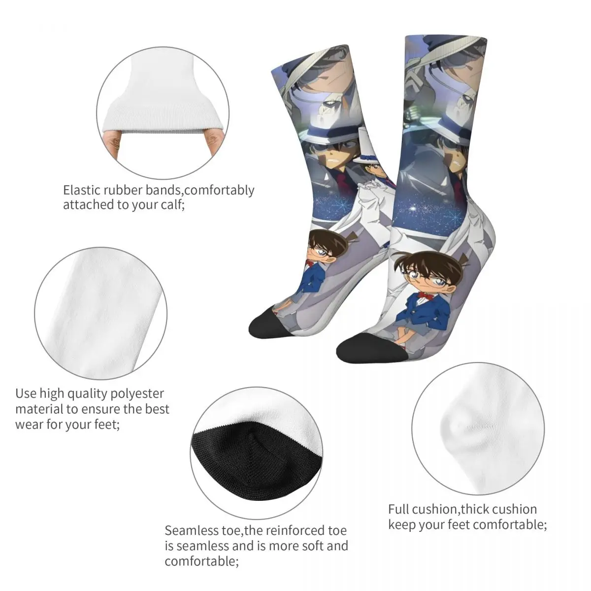 Casual Detective Conan Cartoon Soccer Socks Kuroba Kaito Polyester Long Socks for Unisex Breathable