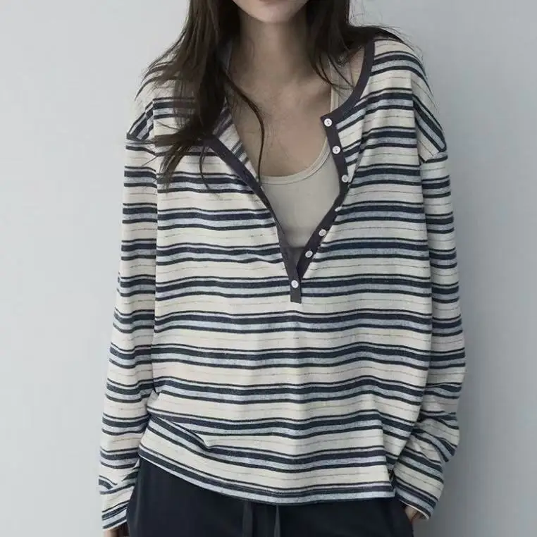 Kimotimo Women Korean Style Striped Henley Long Sleeve T‑Shirt Autumn Winter Loose Relaxed Layered Look Casual Ladies Top