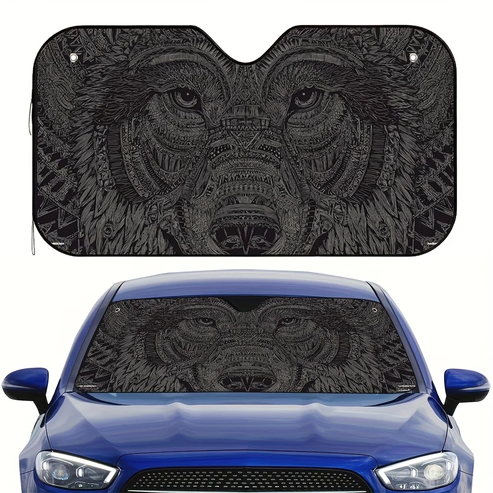 1pc 2D Flat Geometric Wolf Face Print Car Sunshade – Stylish & Efficient, Protects Your Vehicle From Heat, Includes 4 Suction Cu