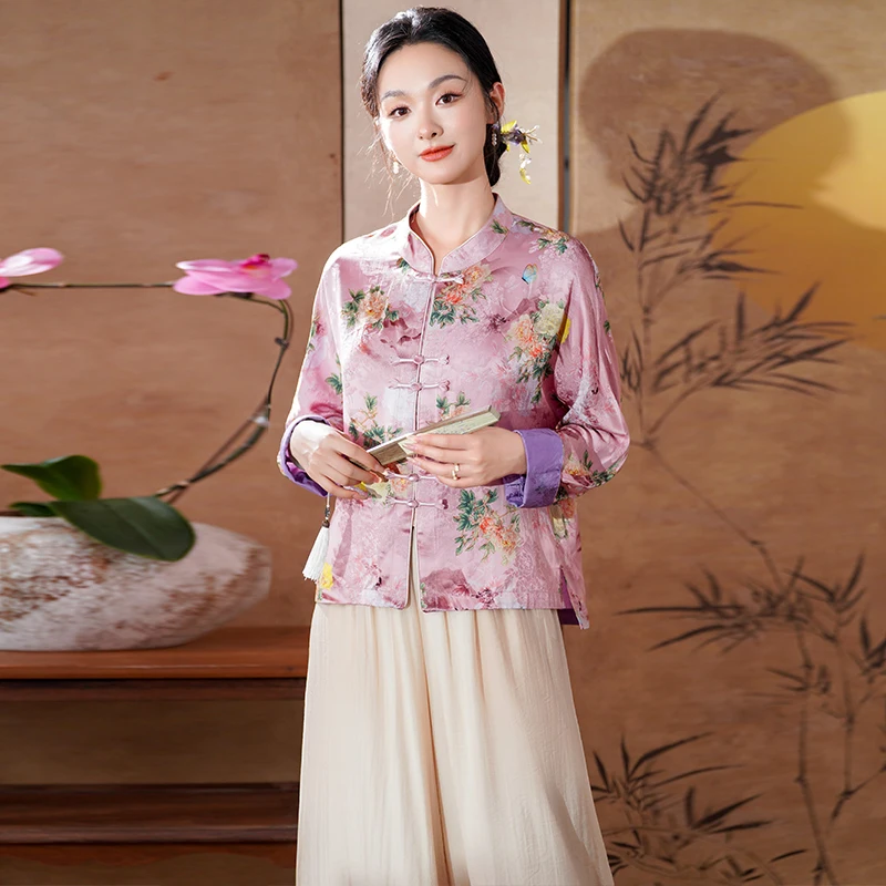 Retro Button Purple Shirt Chinese Style Long Sleeved Shirt Traditional Chinese Clothing for Women