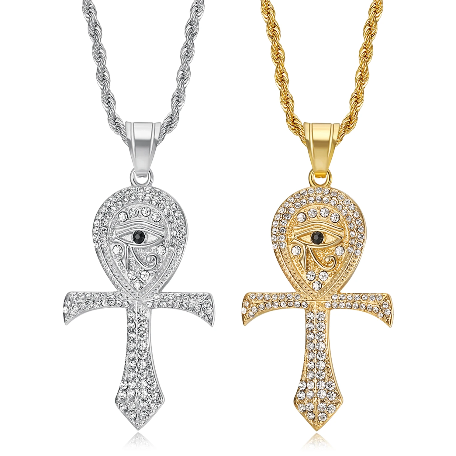 

Men's Evil Eye Ankh Cross Pendant Necklace 18K Gold Plated Zircon Stainless Steel Simple Non-Tarnish Jewelry