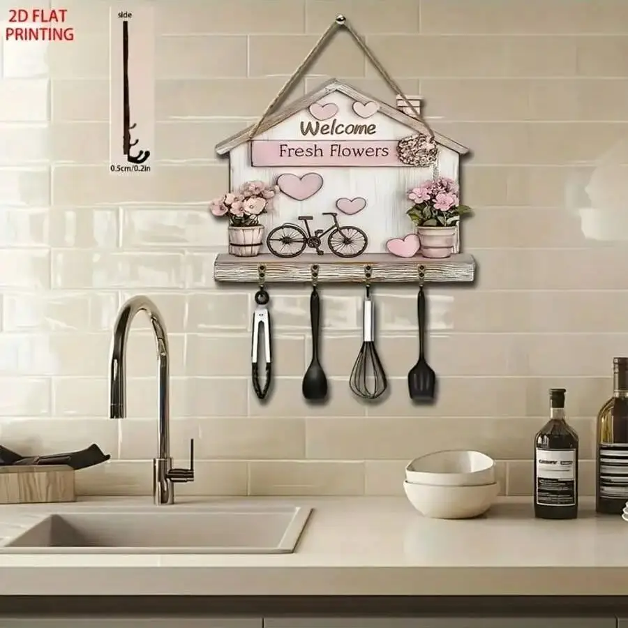 1 Stück Warmer Wohnzimmer-Willkommenshaken aus Holz mit vier Metallhaken, multifunktionale Heimdekoration, Raumdekoration
