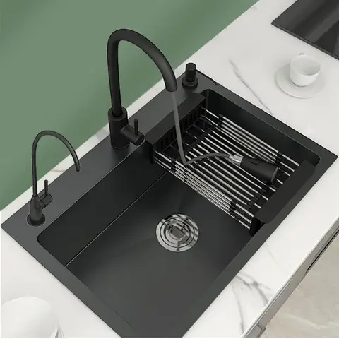 폭포 싱크 주방 스테인레스 스틸 탑 마운트 싱크 대형 단일 슬롯 세면기 터치 폭포 수도꼭지 Cocina Cozinha AA44
