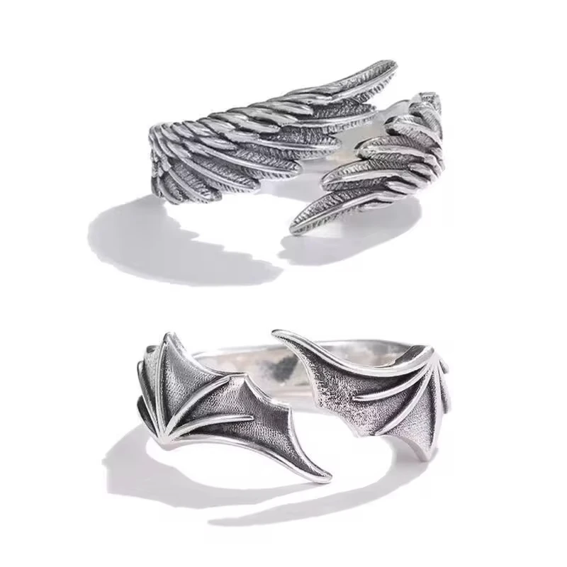 FTCY 2 Pcs Vintage Angel Devil Wings Adjustable Rings for Men Women Hip Hop Retro Silver Color Couples Rings Party Gifts Jewelry