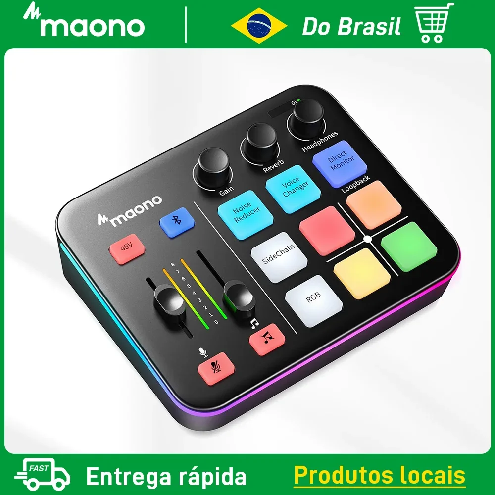 Inventário do Brasil MAONO G1 NEO Gaming Audio Mixer, efeitos sonoros personalizados RGB Streaming com microfone XLR Interface de áudio, para voz de jogo, podcast