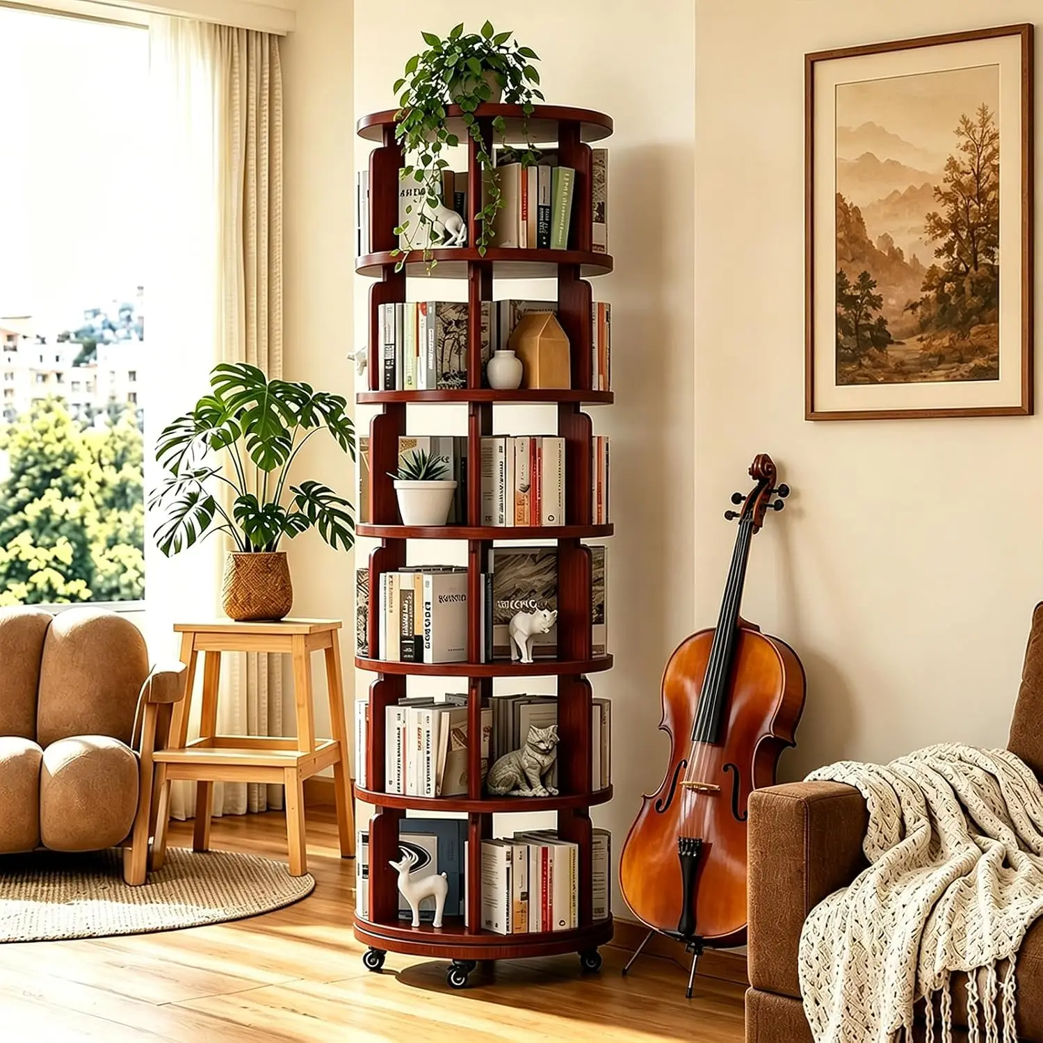 Rotating Solid Wood Bookshelf With Smooth Wheels, Lazy Susan Circular Spinning Storage Rack, Freestanding Revolving Corner Bookcase Tower, Modern Organizer Display Stand, Walnut, 1 Piece