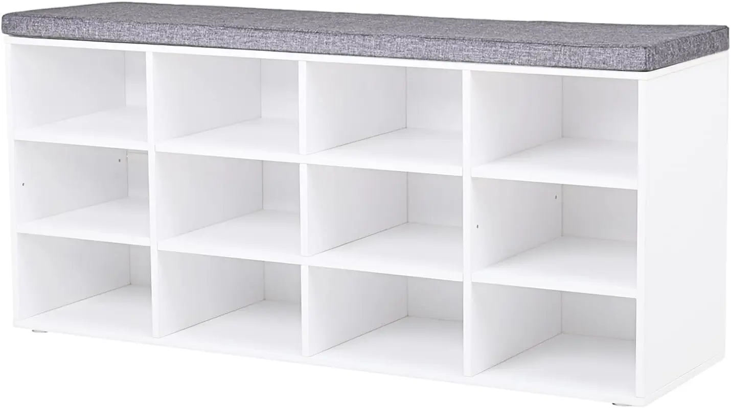 Shoe Storage Bench with Cushion, Cubby Shoe Rack with 12 Cubbies, Adjustable Shelves, Multifunctional Shoe Organizer Bench