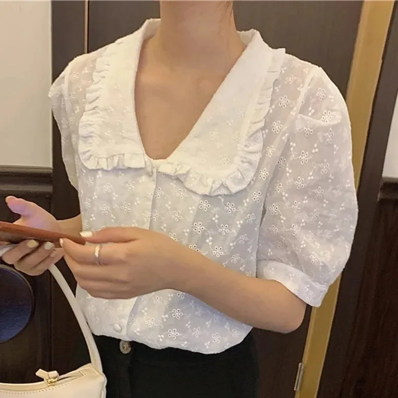 

White Lace Blouse for Women, Sweet Chic Puff Short Sleeve Shirt, Hollow Flower, Korean Peter Pan Collar, Summer Tops, 2024 13919