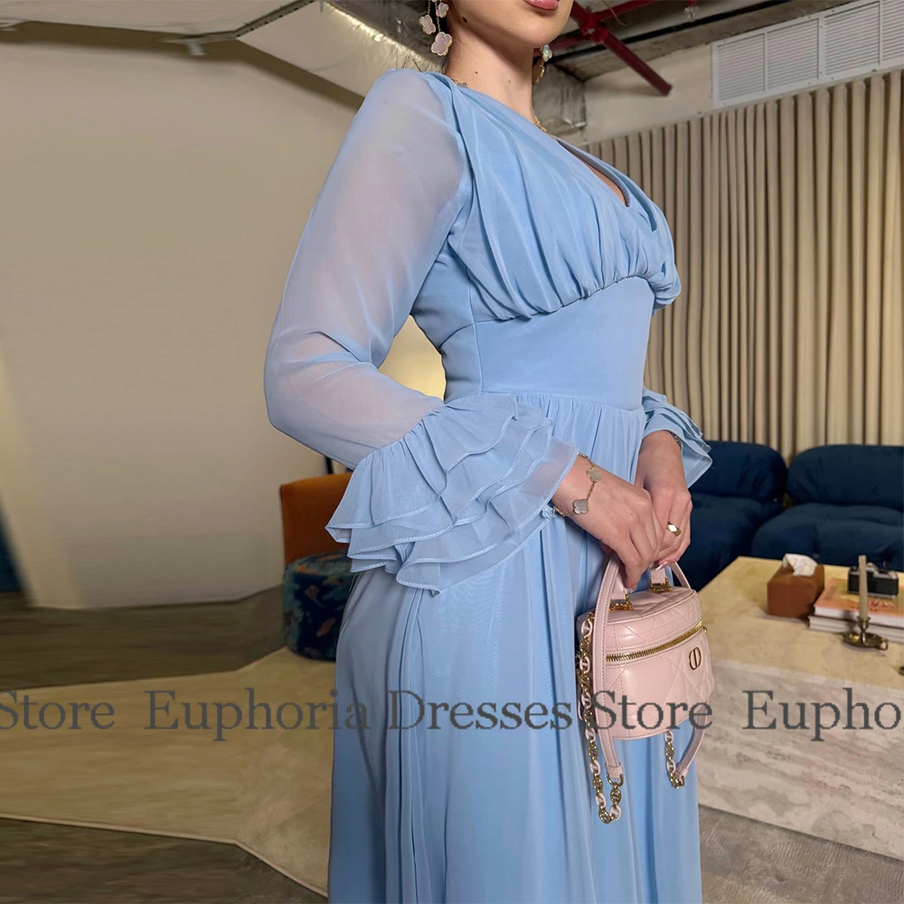 دبي المرأة فستاين سهرة/فساتين الحفلات الشيفون ألف خط فستان سهرة رسمي السماء الزرقاء الخامس الرقبة الطية Ruched الكشكشة فساتين لحضور الحفلات الموسيقية طويلة 2025