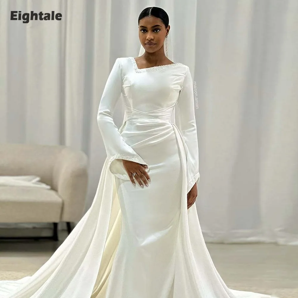 

Eightale Vintage Wedding Dress Beads Customized Ivory Long Sleeves Muslim Mermaid Bridal Gown Vestido De Noiva