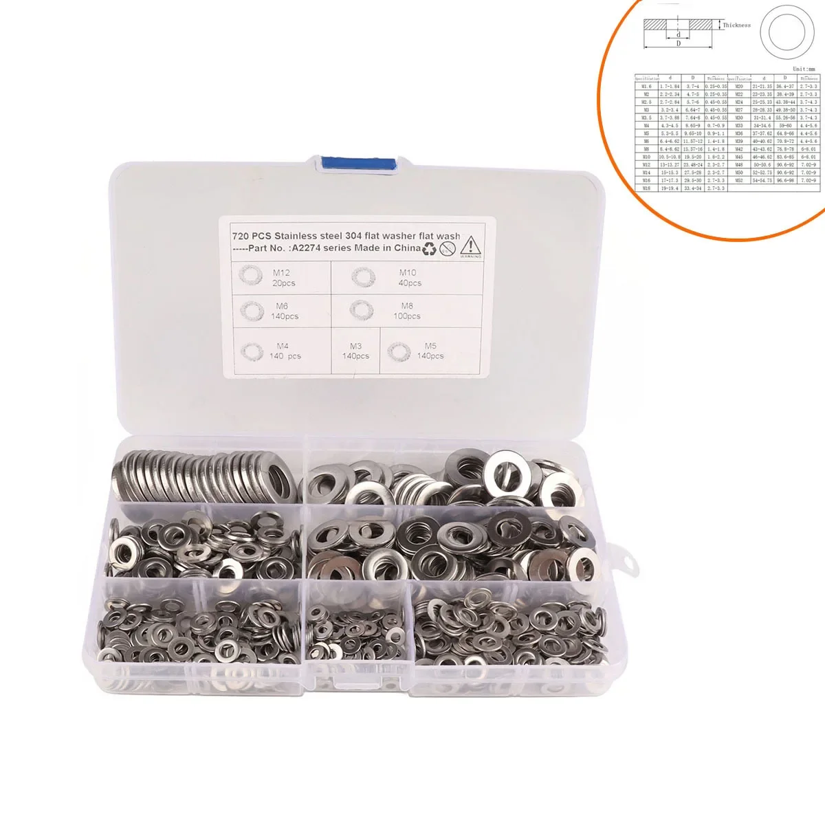 

720 Pieces of 304 Stainless Steel Washers Flat Washer Assortment Set Kit 7 Sizes M3 M4 M5 M6 M8 M10 M12