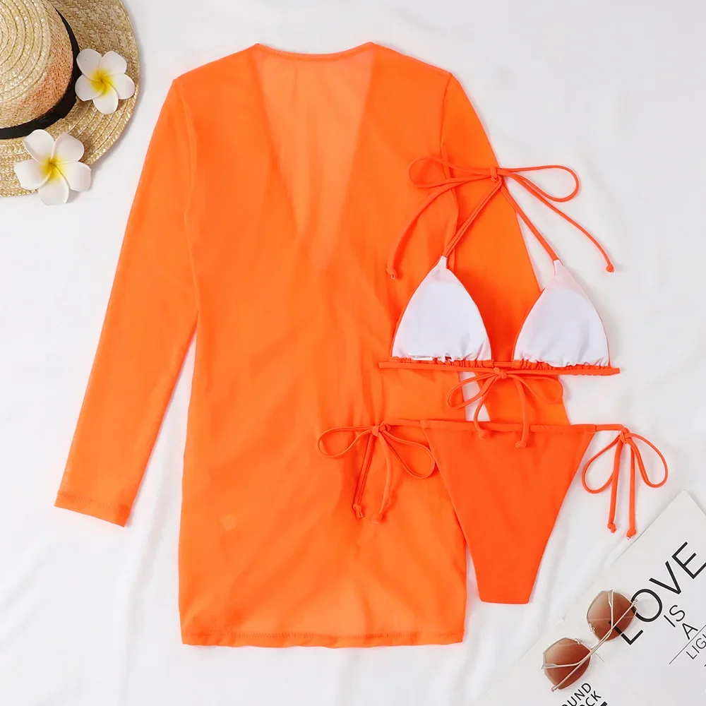 2023ビーチカバーアップとビキニセットセクシー水着女性用ドレス長袖メッシュ水着Tバックビキニ女性用ネオンビーチウェア
