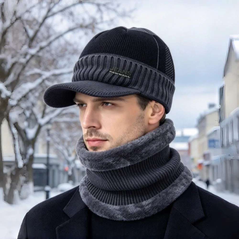 2Pcs/Set Fashion Warm Knitted Beanie Hat Windproof Thickened Winter Hats Suit Fur Lined Soft Neck Protect Cap Outdoor