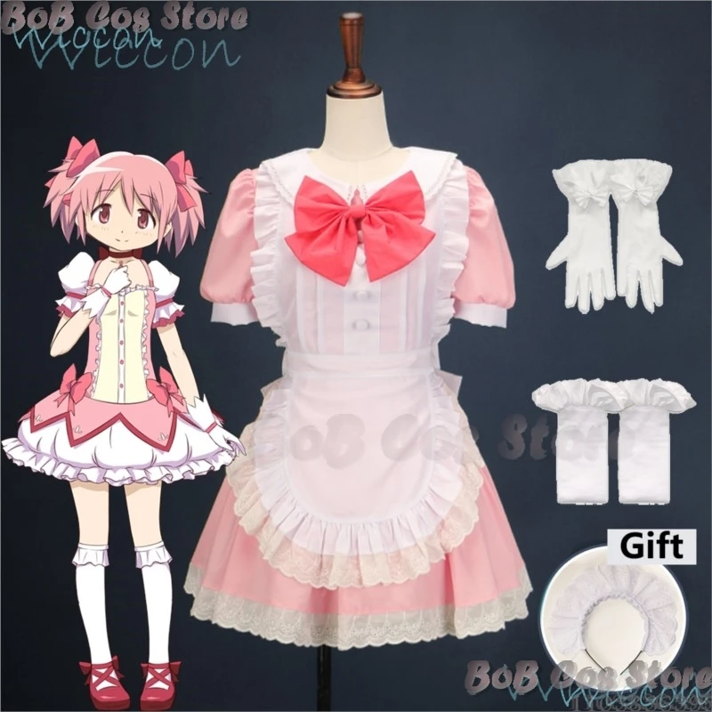 Cafe Maid Cosplay Costume Anime Pink Wig Puella Magi Madoka Magica Cute Kawaii Dress Halloween Party Uniform Outfit Women Girl