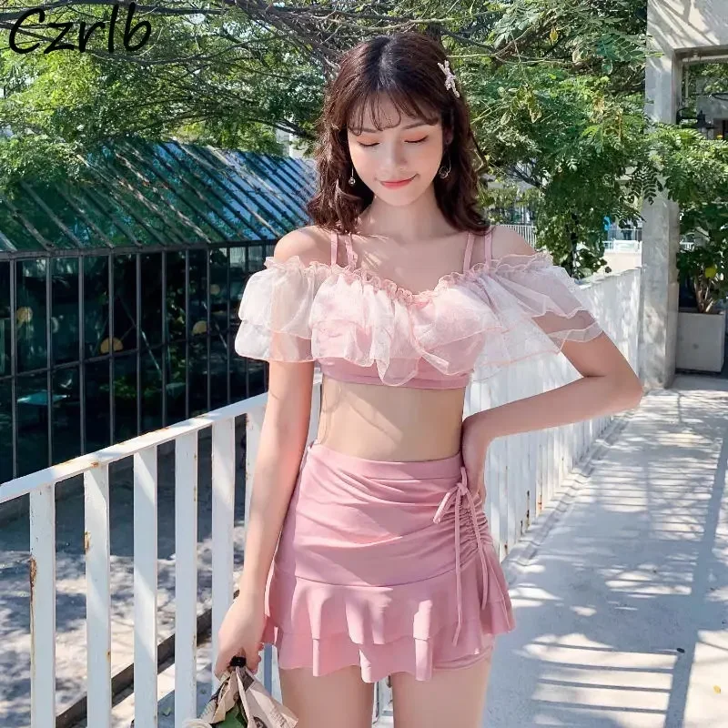 Bikini Set Women Summer Sexy Elegant Backless Tender Ruffles Fashion Korean Style Swimwear Sweet Girls Two Pieces Off Shoulder