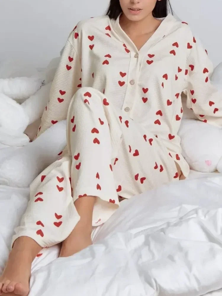 Autumn Winter Women 2-Piece Pajamas Set Sleepwear Wafflefabric Love Printed Long-Sleeved Shirt and Long Pants Set Loungewear