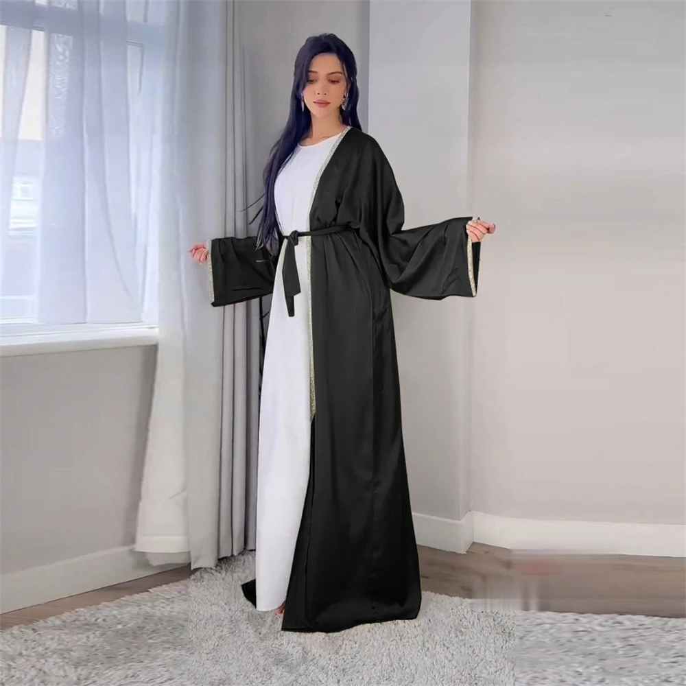 

Kimono Abaya Satin 2pcs Set Muslim Dress Diamond Open Abayas for Women Dubai Turkey Islam Modest Clothes Kaftan Femme Musulmane