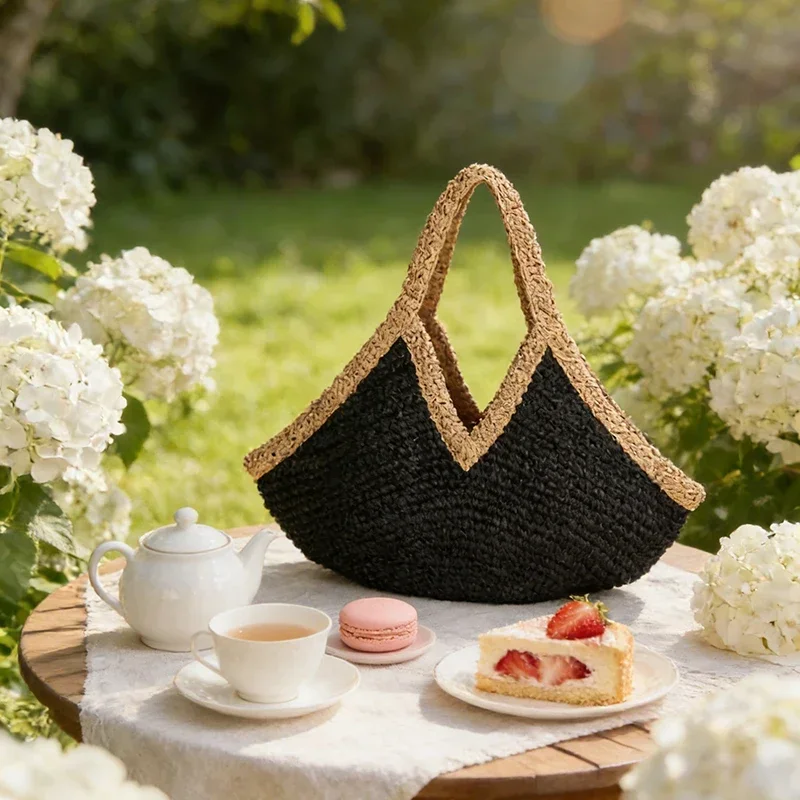 Colorblock Straw Woven Tote Bag,Women Summer Seaside Beach Boho Black Brown Color Contrast Shoulder Bag,Lightweight Handbag - view 5